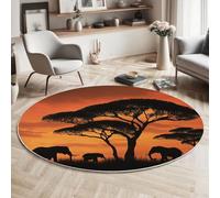MIATCENRT Living Room Round Rug, 90cm Washable Rugs, Short Pile Orange Circle Soft Carpet, Wildlife 3D Effect Sunset Elephant Silhouette Pattern, Non-Slip for Bedroom, Dining Room