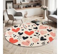 MIATCENRT Love Heart Leaves Round Area Rug 90cm, Soft Washable Non Slip Low-Pile Circle Thin Rugs, Hand-Painted Printed Carpet for Living Room Kitchen Bedroom Dining Room Red Black