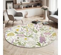 MIATCENRT Meadow Wildflowers Round Area Rug 120cm, Soft Washable Non Slip Low-Pile Circle Thin Rugs, Nature Flowers Printed Carpet for Living Room Kitchen Bedroom Dining Room Purple-Green