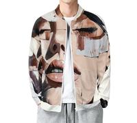 MIATCENRT Men's Bomber Jacket Zip Up Baseball Jacket, Lightweight Flight Jackets, Abstract Collage Face Open Front Round Neck Long Sleeve Casual Beige Coat with Pockets