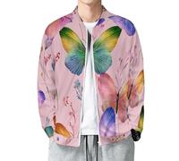 MIATCENRT Men's Bomber Jacket Zip Up Baseball Jacket, Lightweight Flight Jackets, Dream Abstract Butterfly Open Front Round Neck Long Sleeve Casual Pink Coat with Pockets