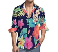 MIATCENRT Men's Hippies Button Up Shirt, Bamboo Hemp 3Dcolorful Tropical Flowers Printed Long Sleeve Dress Shirt S-7XL, Men Funky Hawaiian Shirts Front Pocket Holiday Casual Shirts