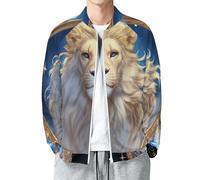 MIATCENRT Men's Lightweight Fantasy Jacket, Bomber Jacket Varsity Coat, Celestial Lion Casual Slim Fit Zip-Up Baseball Outerwear, Blue Cardigan with Pockets for Spring Fall