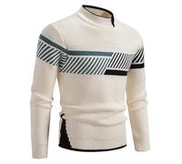 MIATCENRT Men's Round Neck Jumper - Knitted Casual Warm Long-Sleeved Sweater, Stripe Color Block Slim Fit Men's Sweater, Winter Sweater Warm Tops, Fashionable Athletic Sweatshirt White L