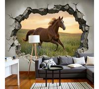 MIATCENRT Murals Photo Wallpaper 3D 3D Animals Breaking Down Walls Horses Wallpaper 250x175cm, Children's Room Brown Mural Wall Art Poster Picture, Boy Girl Bedroom Gift Decoration Walls Sticke
