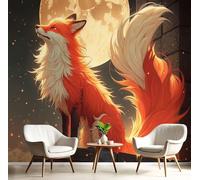 MIATCENRT Murals Photo Wallpaper 3D Anime Full Moon Nine-Tailed Fox Wallpaper 450x315cm, Children's Room Orange Mural Wall Art Poster Picture, Boy Girl Bedroom Gift Decoration Walls Sticke
