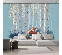 MIATCENRT Murals Photo Wallpaper 3D Children Illustration Birch Forest Fox Wallpaper 200x140cm, Children's Room Light Blue Mural Wall Art Poster Picture, Boy Girl Bedroom Gift Decoration Walls Sticke