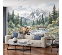 MIATCENRT Natural Watercolor Wallpaper Wall Mural | Brown Bear Stream Poster Mural for Living Room Hotel Lobby Office, 400x280cm, Gray Green Landscape Modern Silk Fabric Photo Wallpaper