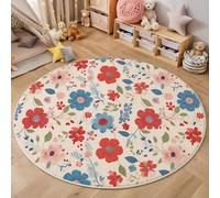 MIATCENRT Nature Flowers Round Rug, Soft Washable Non-Slip Flowers Leaves Red Blue Circle Carpet, Chic Faux Wool Low-Pile 150cm Circular Throw Rugs for Bedroom/Nursery/Living Room