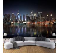 MIATCENRT New York Night View Photo Wallpaper City Buildings Wall Mural Silk Cloth Decor Art Poster Picture, Black Purple Print Photo Wallpaper for Living Room Bedroom Dorm Decor 250x175cm (WxH)