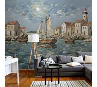 MIATCENRT Oil Paintings Wallpaper, Sailboats Lighthouses Architecture Wall Mural, Gray-Blue Mural Wallpaper for Living Room, Bedroom, Dinning Room, Large Background - 450x315cm (Not Peel and Stick)