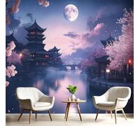MIATCENRT Pagoda Sakura Wall Mural Photo Wallpaper, Vintage Architecture 3D Printed Wall Mural, Purple Powder Murals Wall Art Print for Bedroom Living Room Dining Room Home Decoration 250x175cm (WxH)