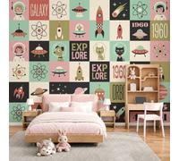 MIATCENRT Panoramic Mural Wallpaper 350x256cm - Space Cats Dogs Retro Collage Print Wall Mural, Silk Cloth Photo Wallpaper for Children's Bedroom Living Room Hallway Decoration