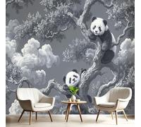 MIATCENRT Panoramic Wallpaper Animal Illustration Panda Climbing Tree 3D Effect Photo Wallpaper, Grey Mural Wall Tapestry, Large Photo Mural 400x280cm for Bedroom Living Room Office Decoration