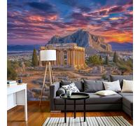 MIATCENRT Panoramic Wallpaper City Architecture Sunset Temple Mountains 3D Effect Photo Wallpaper, Purple Brown Mural Wall Tapestry, Large Photo Mural for Bedroom Living Room Office Decoration