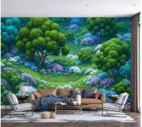 MIATCENRT Panoramic Wallpaper Forest Illustration Wildflowers Trees 3D Effect Photo Wallpaper, Emerald Green Mural Wall Tapestry, Large Photo Mural for Bedroom Living Room Office Decoration