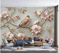 MIATCENRT Panoramic Wallpaper Hand-Painted Elegant Flowers Birds 3D Effect Photo Wallpaper, Gray-Pink Mural Wall Tapestry, Large Photo Mural for Bedroom Living Room Office Decoration
