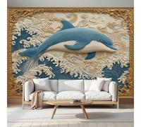 MIATCENRT Panoramic Wallpaper Light Blue - Waves Dolphins 3D Relief Photo Wallpaper, Large Mural for Bedroom Living Room Office Poster Decoration 300x210cm (WxH) Mural Wall Tapestry