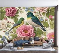 MIATCENRT Panoramic Wallpaper Vintage Plants Flowers Birds 3D Effect Photo Wallpaper, Beige Mural Wall Tapestry, Large Photo Mural for Bedroom Living Room Office Decoration