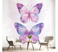 MIATCENRT Panoramic Wallpaper Watercolor Butterfly Illustration 3D Effect Photo Wallpaper, Pink Purple Mural Wall Tapestry, Large Photo Mural 250x175cm for Bedroom Living Room Office Decoration