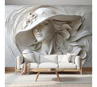 MIATCENRT Panoramic Wallpaper White - Beautiful Woman Wearing A Hat 3D Sculpture Photo Wallpaper, Large Mural for Bedroom Living Room Office Poster Decoration 350x256cm (WxH) Mural Wall Tapestry