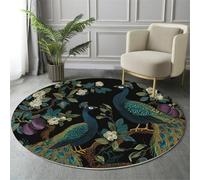 MIATCENRT Peacock Flowers Round Area Rug 180cm, Soft Washable Non Slip Low-Pile Circle Thin Rugs, Embroidery Printed Carpet for Living Room Kitchen Bedroom Dining Room Black Blue