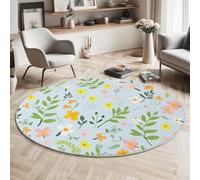 MIATCENRT Petals Leaves Round Area Rug 180cm, Soft Washable Non Slip Low-Pile Circle Thin Rugs, Spring Flowers Printed Carpet for Living Room Kitchen Bedroom Dining Room Sky Blue