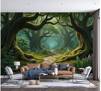 MIATCENRT Photo Wallpaper 250x175cm Silk Fabric Murals Wall Art, Ancient Forest Stone Path Fantasy Forest Design Living Room Home Decoration Wall Mural Suitable for Children's Room, Dark Green