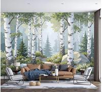 MIATCENRT Photo Wallpaper 250x175cm Silk Fabric Murals Wall Art, Birch Trees Path Watercolor Forest Design Living Room Home Decoration Wall Mural Suitable for Children's Room, Green