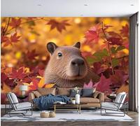 MIATCENRT Photo Wallpaper 300x210cm Silk Fabric Murals Wall Art, Capybara Maple Leaves Autumn Animals Design Living Room Home Decoration Wall Mural Suitable for Children's Room, Orange-Red