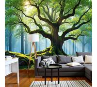 MIATCENRT Photo Wallpaper 350x256cm Silk Fabric Murals Wall Art, Ancient Trees Sunlight Forest Landscape Design Living Room Home Decoration Wall Mural Suitable for Children's Room, Dark Green