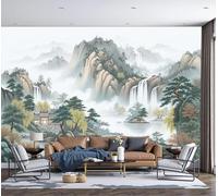MIATCENRT Photo Wallpaper 450x315cm Silk Fabric Murals Wall Art, Landscape Waterfall Chinese Style Ink Painting Design Living Room Home Decoration Wall Mural Suitable for Children's Room, Blu Gray