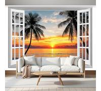 MIATCENRT Photo Wallpaper Wall Mural 3D Window View Window Tropical Sunset Silk Cloth Murals, 450x315cm Photo Poster for Living Room Bedroom Hallway Sofa Background Decoration, Orange