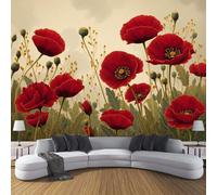 MIATCENRT Poppies Red Wallpaper Mural, 3D Effect Vintage Flowers Wall Mural for Furniture, Silk Fabric Print Photo Wallpaper for Bedroom Bathroom Living Room Decor 250x175cm (WxH)