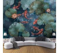 MIATCENRT Red Fish Lotus Leaf Green Wallpaper Mural, 3D Effect Ink Wall Mural for Furniture, Silk Fabric Print Photo Wallpaper for Bedroom Bathroom Living Room Decor 350x256cm (WxH)