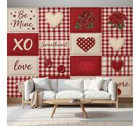MIATCENRT Red Wallpaper Mural Patchwork Art Hearts Grids Squares 3D Silk Fabric Walls Mural Photo Wallpaper, Art Print Decor for Living Room Kids' Bedroom Photo Wall Decoration 250x175cm