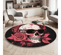 MIATCENRT Rose Glasses Skull Round Area Rug 120cm, Soft Washable Non Slip Low-Pile Circle Thin Rugs, Gothic Punk Printed Carpet for Living Room Kitchen Bedroom Dining Room Black Red