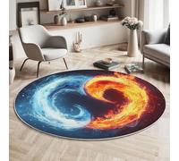 MIATCENRT Round Area Rug 120cm, Machine Washable Non-Slip Fire Ice Symbols Large Circle Rugs for Bedroom, Throw Soft Fantasy Print Blue Orange Carpet for Entryway Sofa Living Room