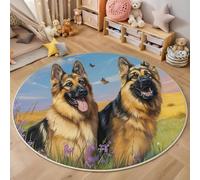 MIATCENRT Round Area Rug 120cm, Machine Washable Non-Slip Happy Shepherd Dog Large Circle Rugs for Bedroom, Throw Soft Pastoral Animals Print Blue-Green Carpet for Entryway Sofa Living Room