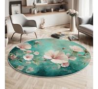 MIATCENRT Round Area Rug 120cm, Machine Washable Non-Slip Oil Painting Flowers Large Circle Rugs for Bedroom, Throw Soft Fantasy Print Blue-Green Carpet for Entryway Sofa Living Room