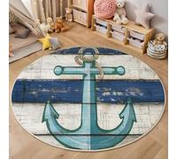 MIATCENRT Round Area Rug 120cm, Machine Washable Non-Slip Stripes Anchor Large Circle Rugs for Bedroom, Throw Soft Nautical Theme Print Blue Carpet for Entryway Sofa Living Room