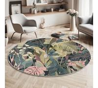 MIATCENRT Round Area Rug 120cm, Soft Fluffy Circle Carpet Lush Jungle Rug, Non Slip Machine Washable Tropical Vegetation Print Floor Carpets Area Rugs for Living Room Bedroom, Gray-Green