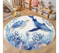 MIATCENRT Round Area Rug 120cm, Soft Fluffy Circle Carpet Sea Turtles Whales Rug, Non Slip Machine Washable Ocean Animals Print Floor Carpets Area Rugs for Living Room Bedroom, Blue