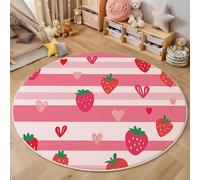 MIATCENRT Round Area Rug 120cm, Soft Fluffy Circle Carpet Stripes Strawberry Rug, Non Slip Machine Washable Cute Print Floor Carpets Area Rugs for Living Room Bedroom, Pink