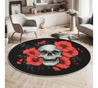 MIATCENRT Round Area Rug 150cm, Machine Washable Non-Slip Skull Red Flower Large Circle Rugs for Bedroom, Throw Soft Cartoon Print Black Carpet for Entryway Sofa Living Room