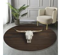 MIATCENRT Round Area Rug 150cm, Soft Fluffy Circle Carpet Long Horns Cow Skull Rug, Non Slip Machine Washable Wall Decoration Print Floor Carpets Area Rugs for Living Room Bedroom, Dark Brown