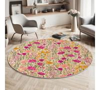 MIATCENRT Round Area Rug 150cm, Soft Fluffy Circle Carpet Meadows Wildflowers Rug, Non Slip Machine Washable Nature Plants Print Floor Carpets Area Rugs for Living Room Bedroom, Pink Yellow