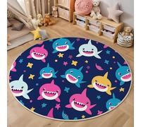 MIATCENRT Round Area Rug 180cm, Machine Washable Non-Slip Cute Baby Shark Large Circle Rugs for Bedroom, Throw Soft Cartoon Print Dark Blue Carpet for Entryway Sofa Living Room
