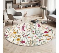 MIATCENRT Round Area Rug 180cm, Soft Fluffy Circle Carpet Small Flowers Tall Grass Rug, Non Slip Machine Washable Wildflowers Print Floor Carpets Area Rugs for Living Room Bedroom, Colorful