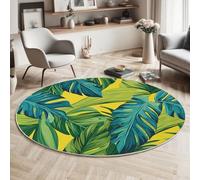 MIATCENRT Round Area Rug 180cm, Soft Fluffy Circle Carpet Tropical Leaves Rug, Non Slip Machine Washable Abstract Plants Print Floor Carpets Area Rugs for Living Room Bedroom, Blue-Green
